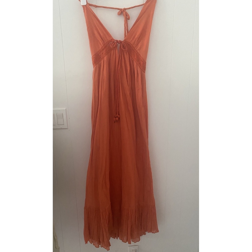 Miguelina Cotton Gauze Halter Maxi Dress Small Orange Backless Lace Trim Beach